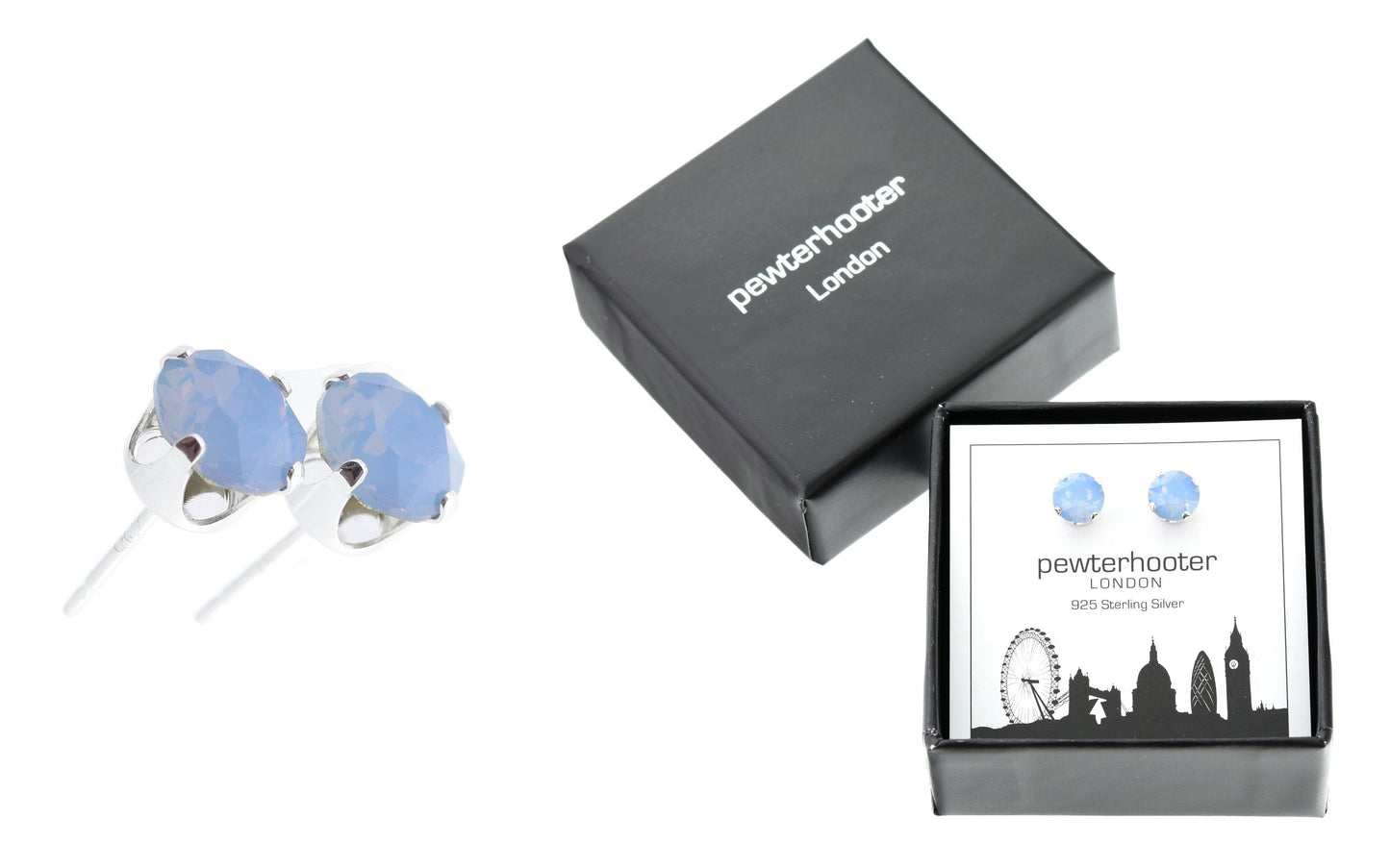 pewterhooter® Women's Classic Collection 925 Sterling silver earrings with sparkling Air Blue Opal crystals, packaged in a gift box for any occasion.
