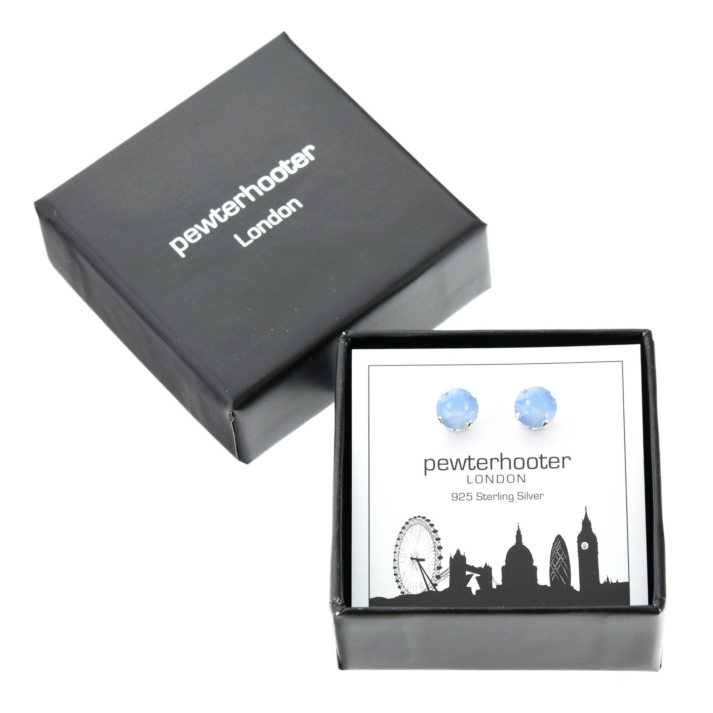 pewterhooter® Women's Classic Collection 925 Sterling silver earrings with sparkling Air Blue Opal crystals, packaged in a gift box for any occasion.