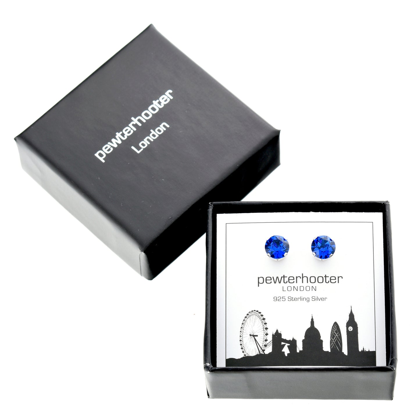 pewterhooter® Women's Classic Collection 925 Sterling silver earrings with sparkling Capri Blue crystals, packaged in a gift box for any occasion.