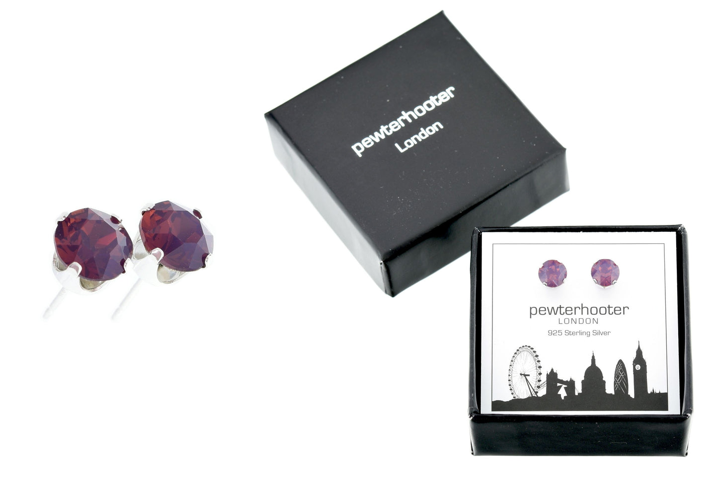 pewterhooter® Women's Classic Collection 925 Sterling silver earrings with sparkling Cyclamen Opal crystals, packaged in a gift box for any occasion.