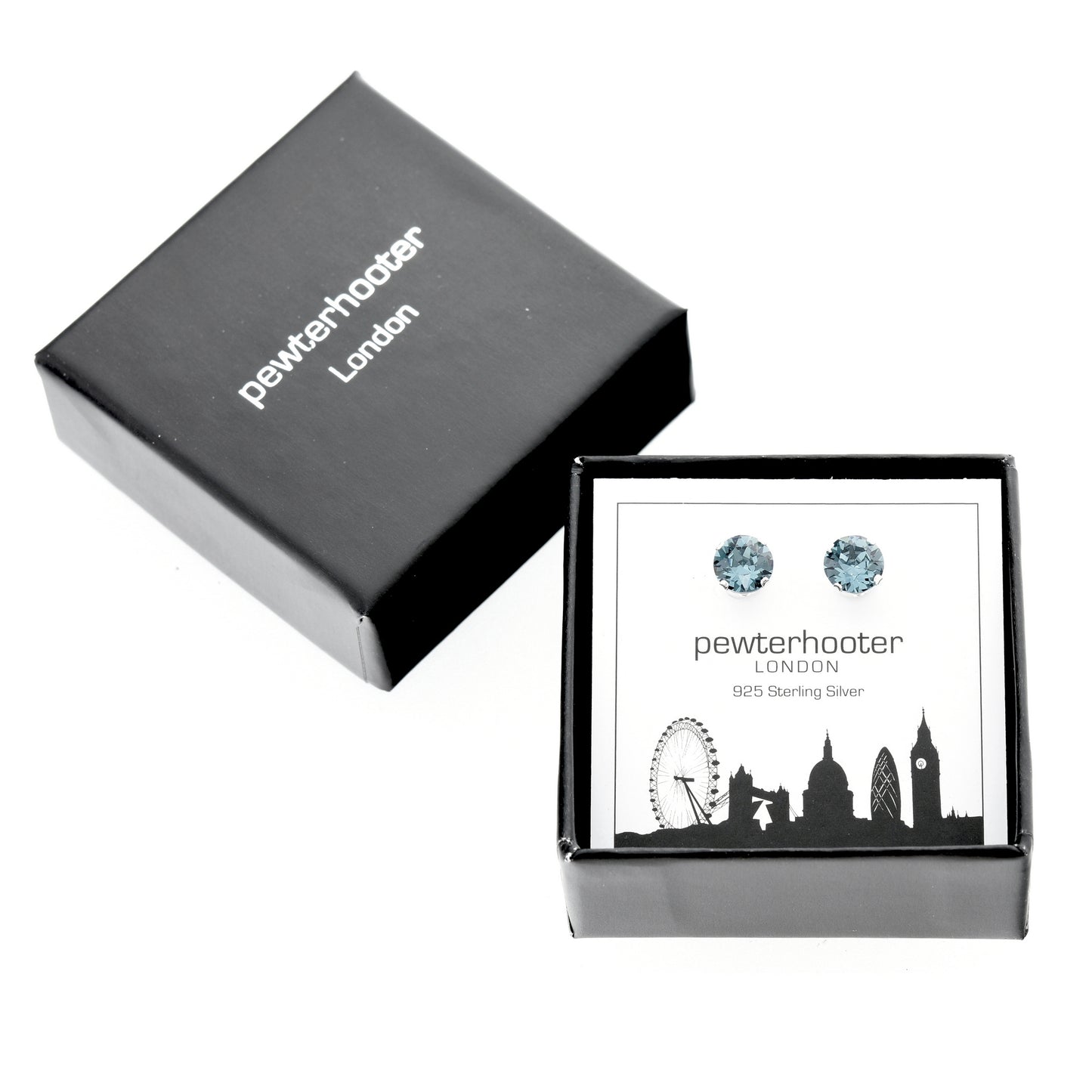 pewterhooter® Women's Classic Collection 925 Sterling silver earrings with sparkling Indian Sapphire crystals, packaged in a gift box for any occasion.
