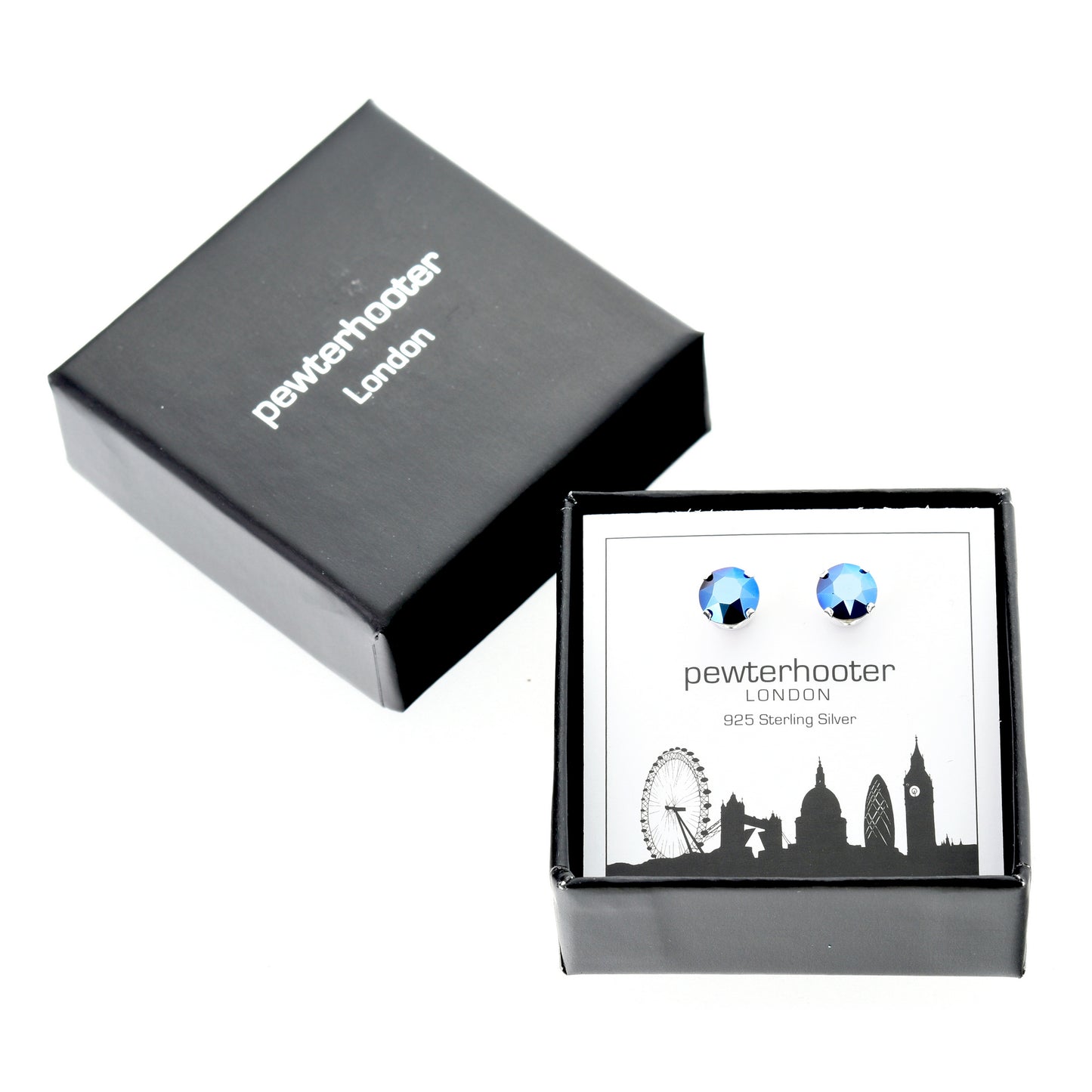 pewterhooter® Women's Classic Collection 925 Sterling silver earrings with sparkling Metallic Blue crystals, packaged in a gift box for any occasion.