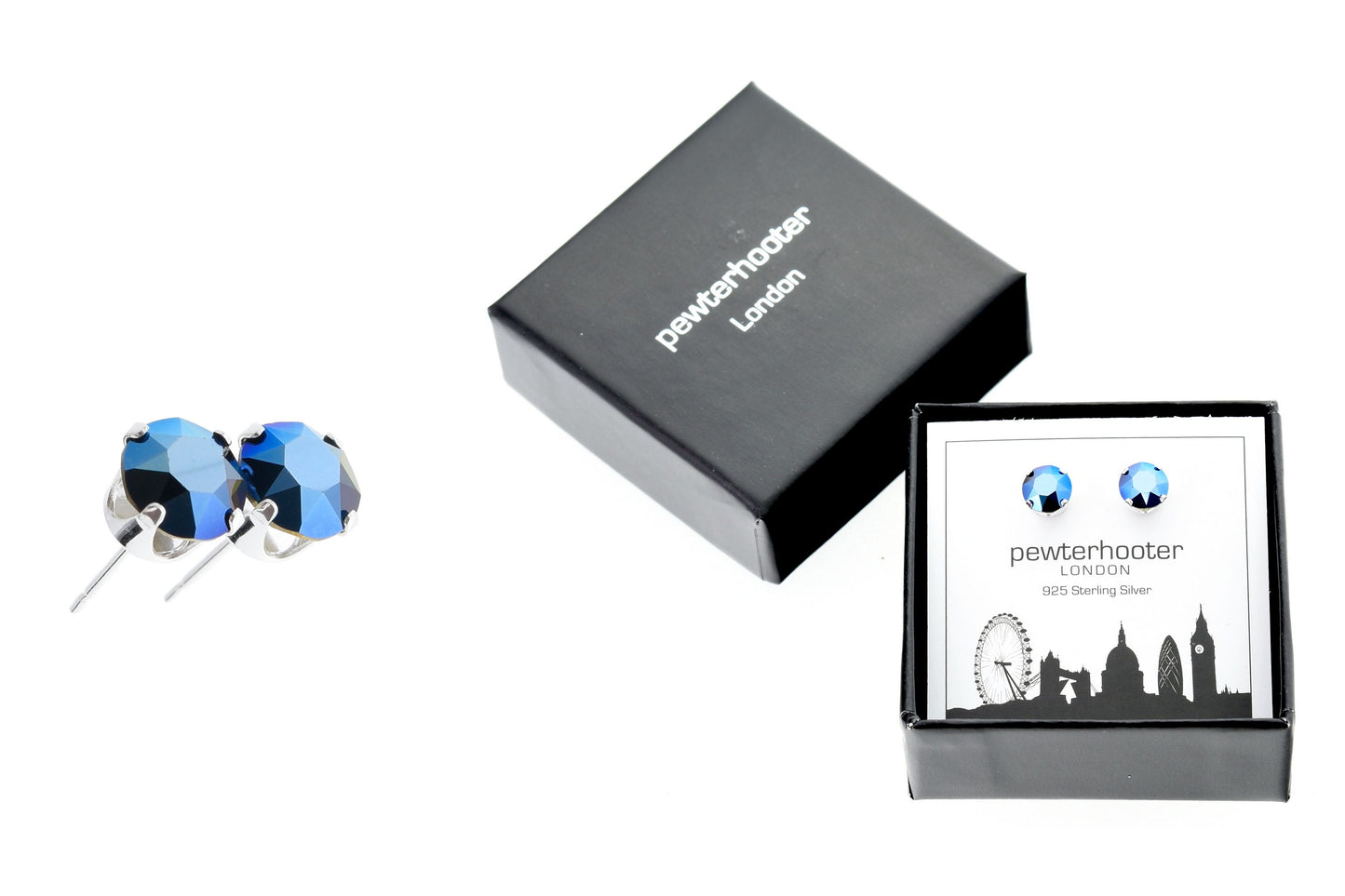 pewterhooter® Women's Classic Collection 925 Sterling silver earrings with sparkling Metallic Blue crystals, packaged in a gift box for any occasion.
