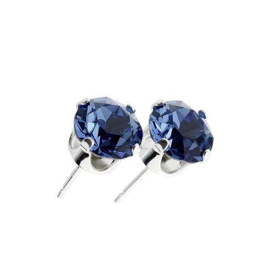 pewterhooter® Women's Classic Collection 925 Sterling silver earrings with sparkling Montana Blue crystals, packaged in a gift box for any occasion.
