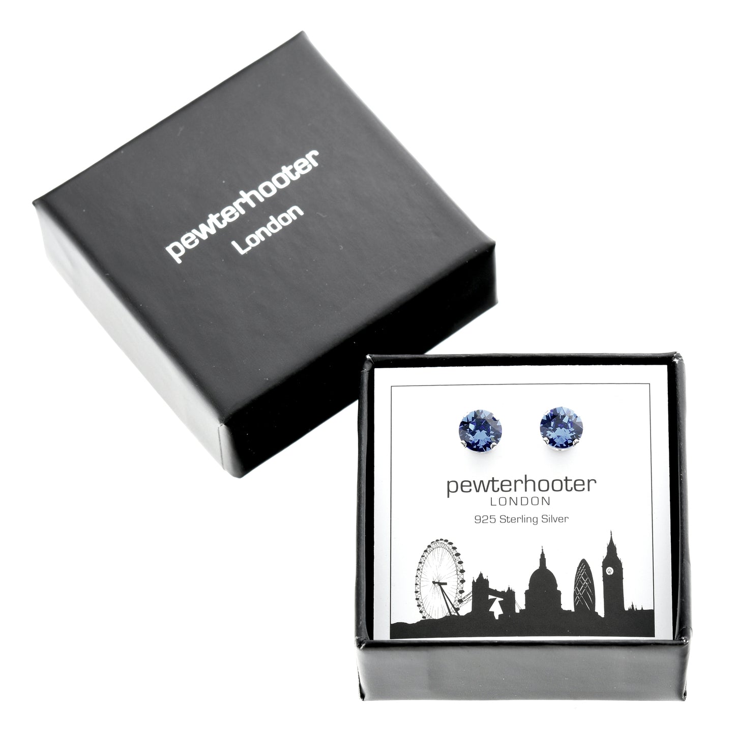 pewterhooter® Women's Classic Collection 925 Sterling silver earrings with sparkling Montana Blue crystals, packaged in a gift box for any occasion.