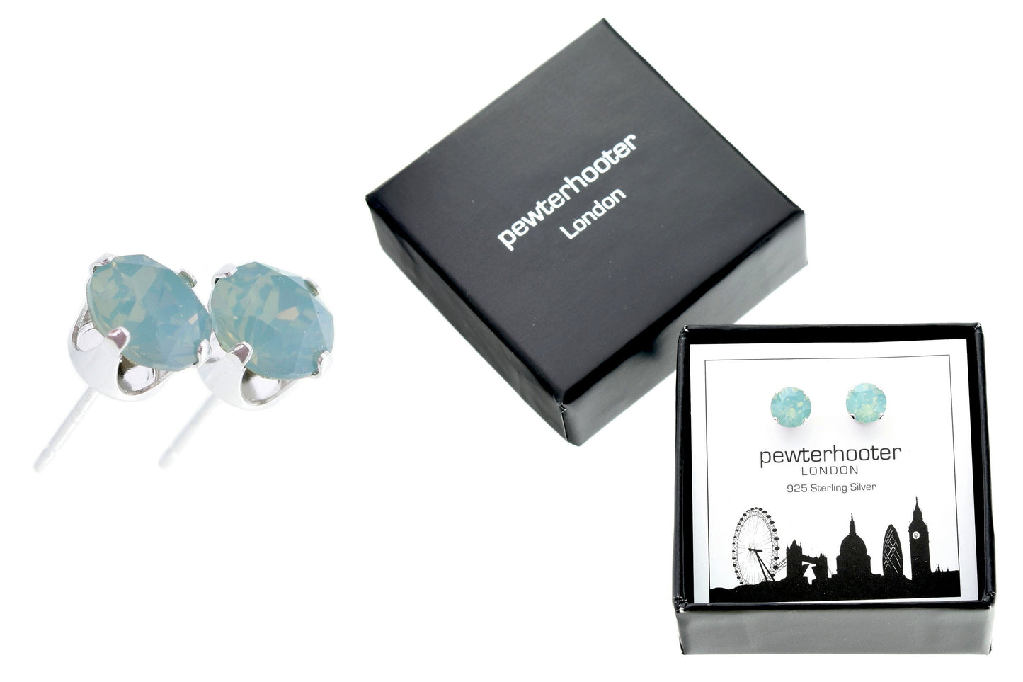 pewterhooter® Women's Classic Collection 925 Sterling silver earrings with sparkling Pacific Opal crystals, packaged in a gift box for any occasion.