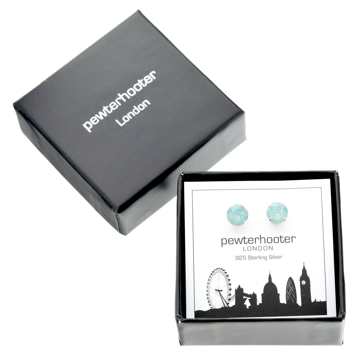 pewterhooter® Women's Classic Collection 925 Sterling silver earrings with sparkling Pacific Opal crystals, packaged in a gift box for any occasion.