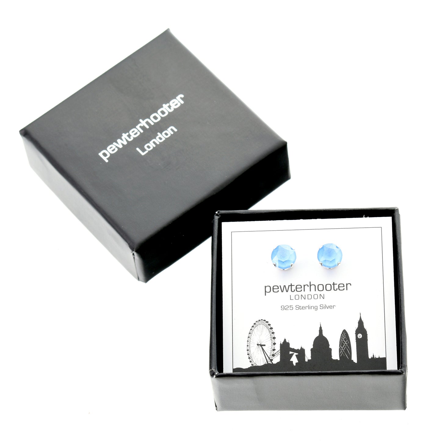 pewterhooter® Women's Classic Collection 925 Sterling silver earrings with sparkling Summer Blue crystals, packaged in a gift box for any occasion.