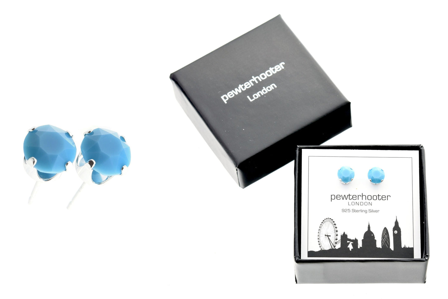 pewterhooter® Women's Classic Collection 925 Sterling silver earrings with sparkling Turquoise crystals, packaged in a gift box for any occasion.