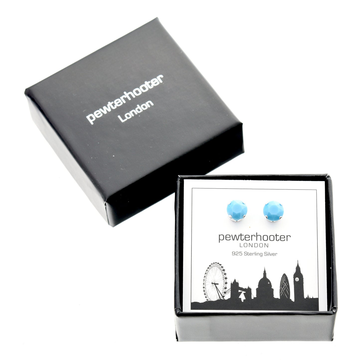 pewterhooter® Women's Classic Collection 925 Sterling silver earrings with sparkling Turquoise crystals, packaged in a gift box for any occasion.