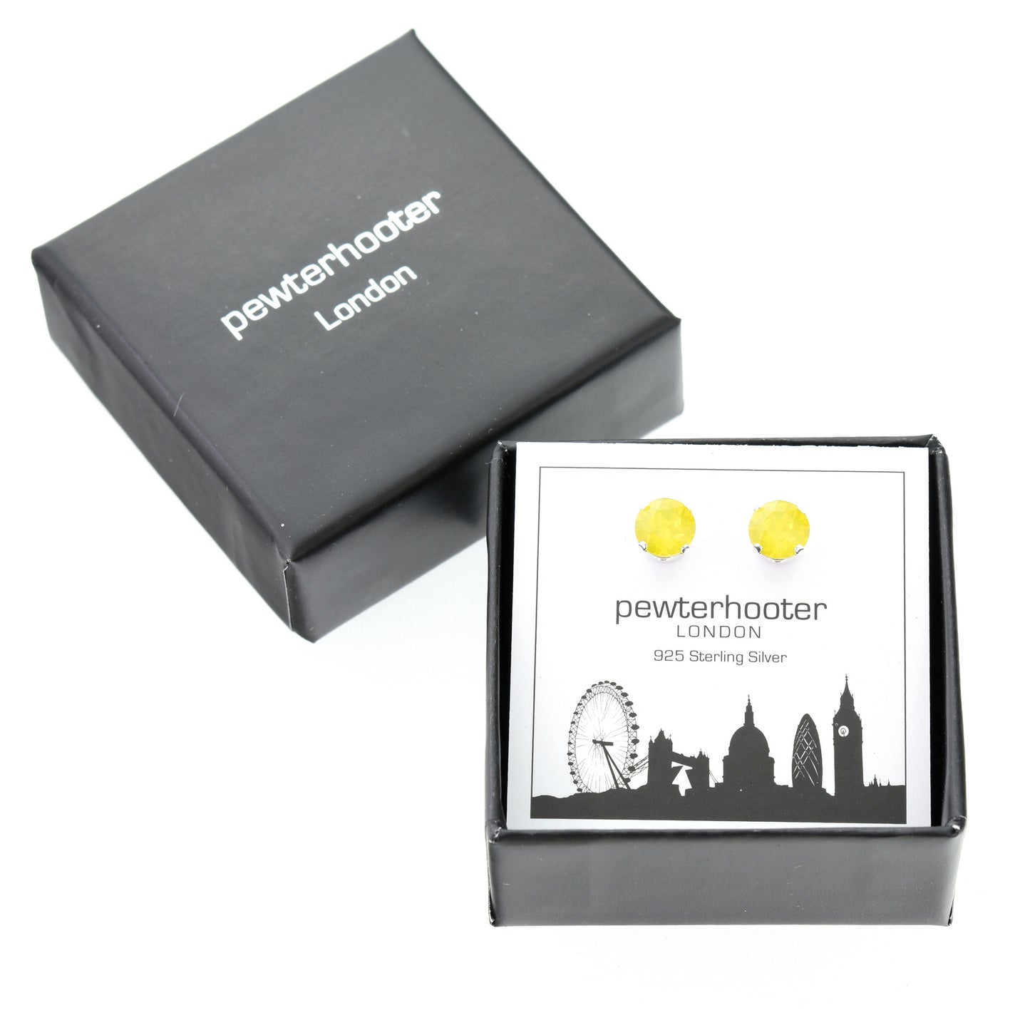 pewterhooter® Women's Classic Collection 925 Sterling silver earrings with sparkling Yellow Opal crystals, packaged in a gift box for any occasion.