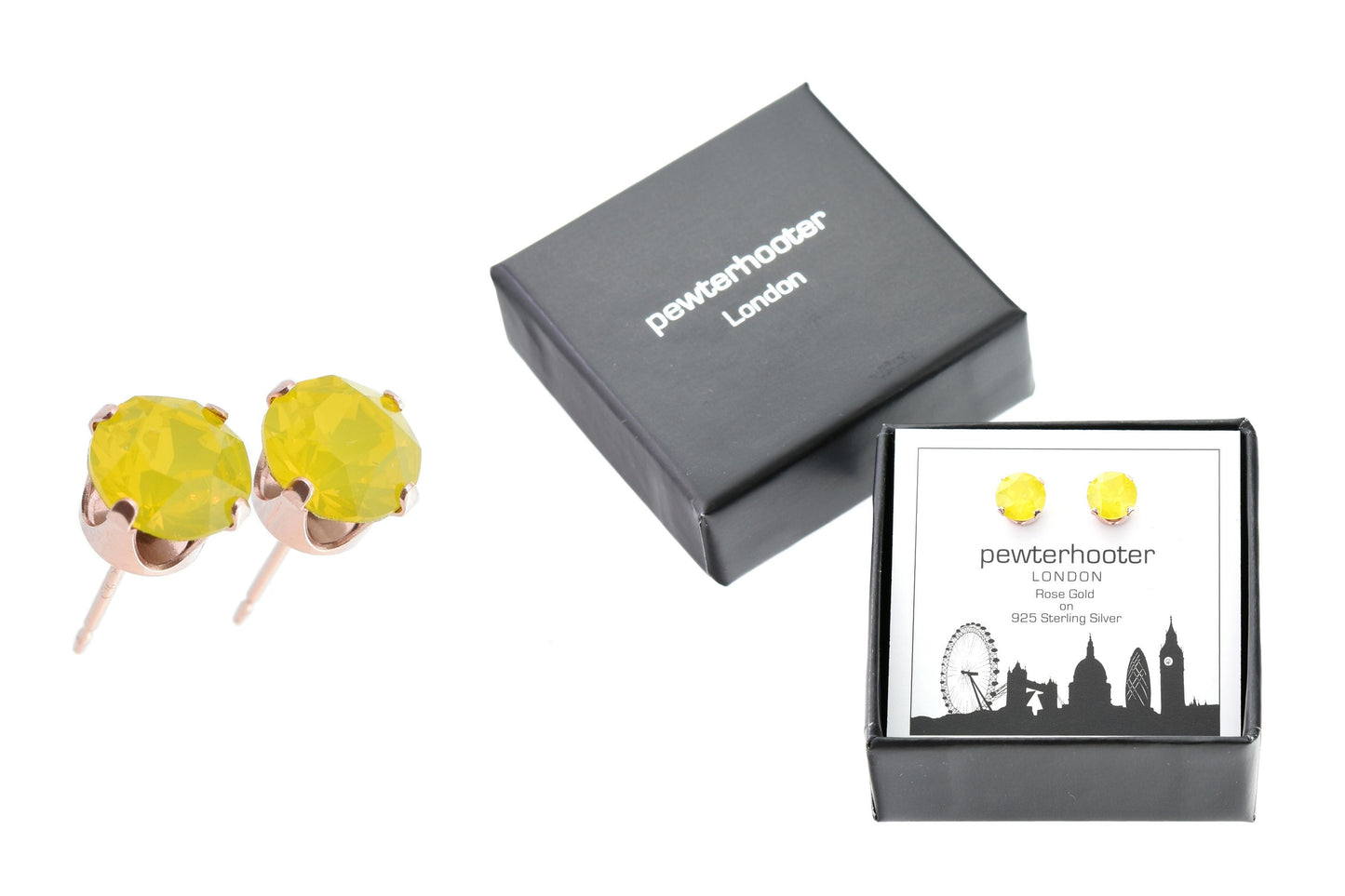 pewterhooter® Women's Classic Collection 925 Sterling silver earrings with sparkling Yellow Opal crystals, packaged in a gift box for any occasion.