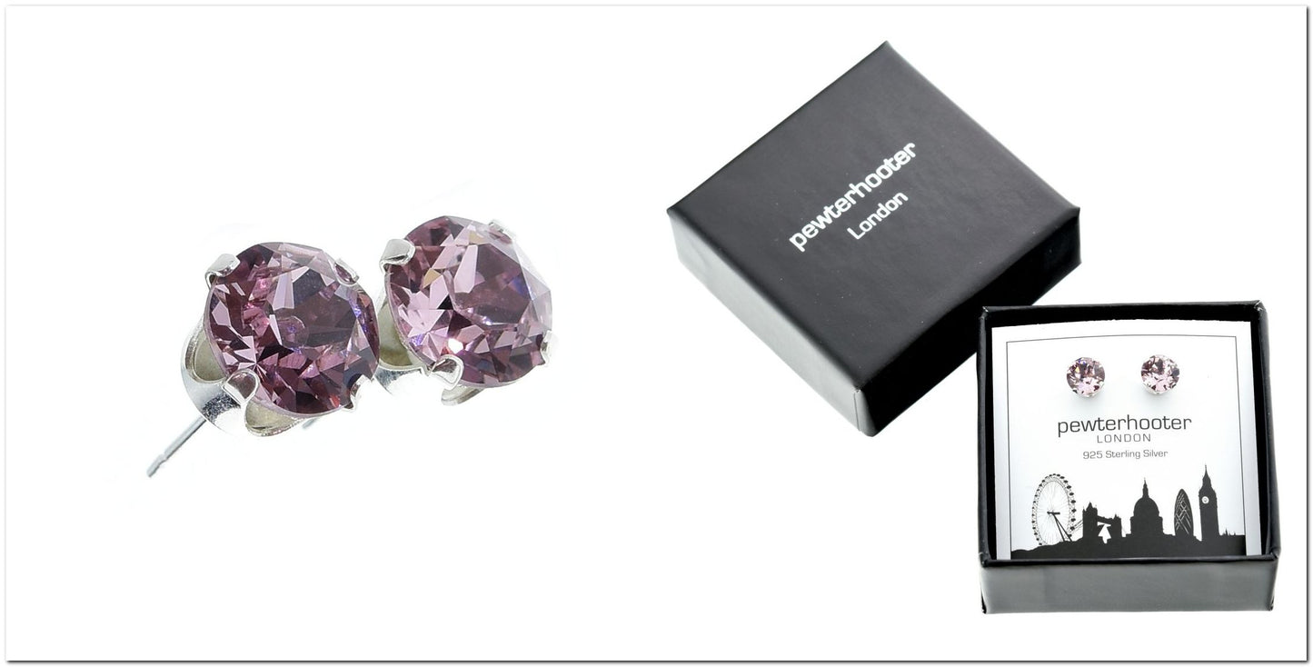 pewterhooter® Women's Classic Collection 925 Sterling silver earrings with sparkling Light Amethyst crystals, packaged in a gift box for any occasion.