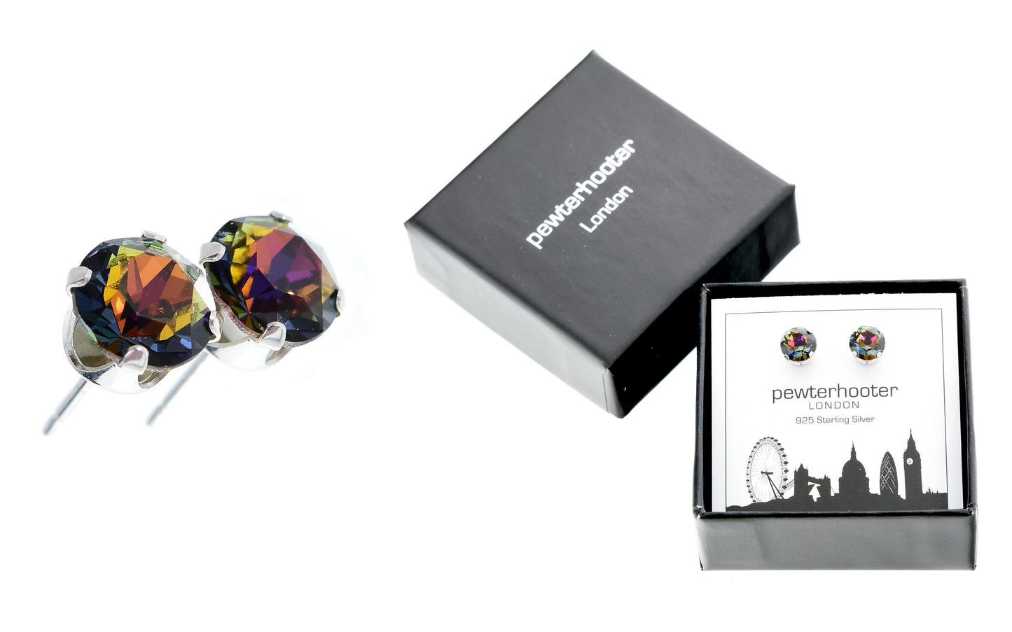 pewterhooter® Women's Classic Collection 925 Sterling silver earrings with sparkling Volcano crystals, packaged in a gift box for any occasion.