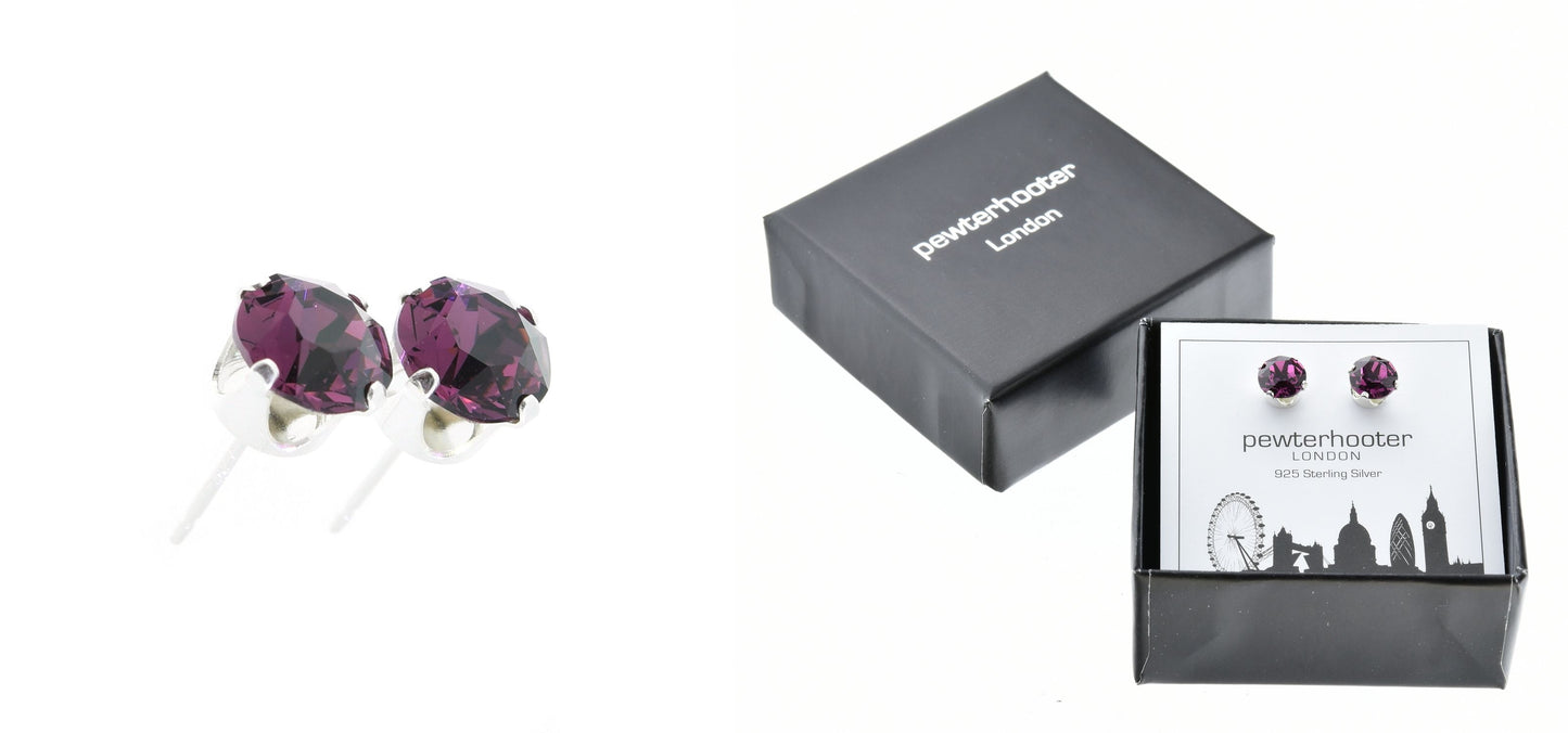 pewterhooter® Women's Classic Collection 925 Sterling silver earrings with sparkling Amethyst crystals, packaged in a gift box for any occasion.
