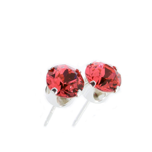 pewterhooter® Women's Classic Collection 925 Sterling silver earrings with sparkling Padparadscha pink crystals, packaged in a gift box for any occasion.
