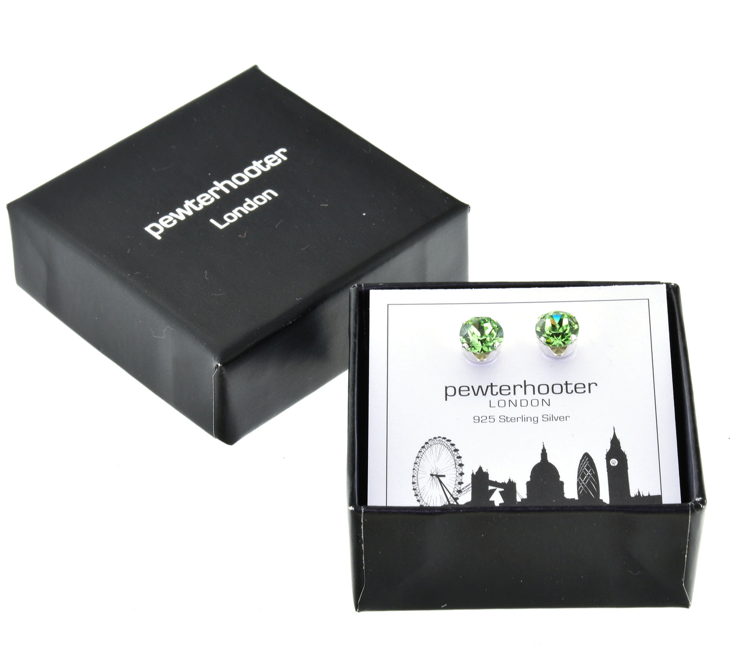 pewterhooter® Women's Classic Collection 925 Sterling silver earrings with brilliant Peridot Green crystals, packaged in a gift box for any occasion.