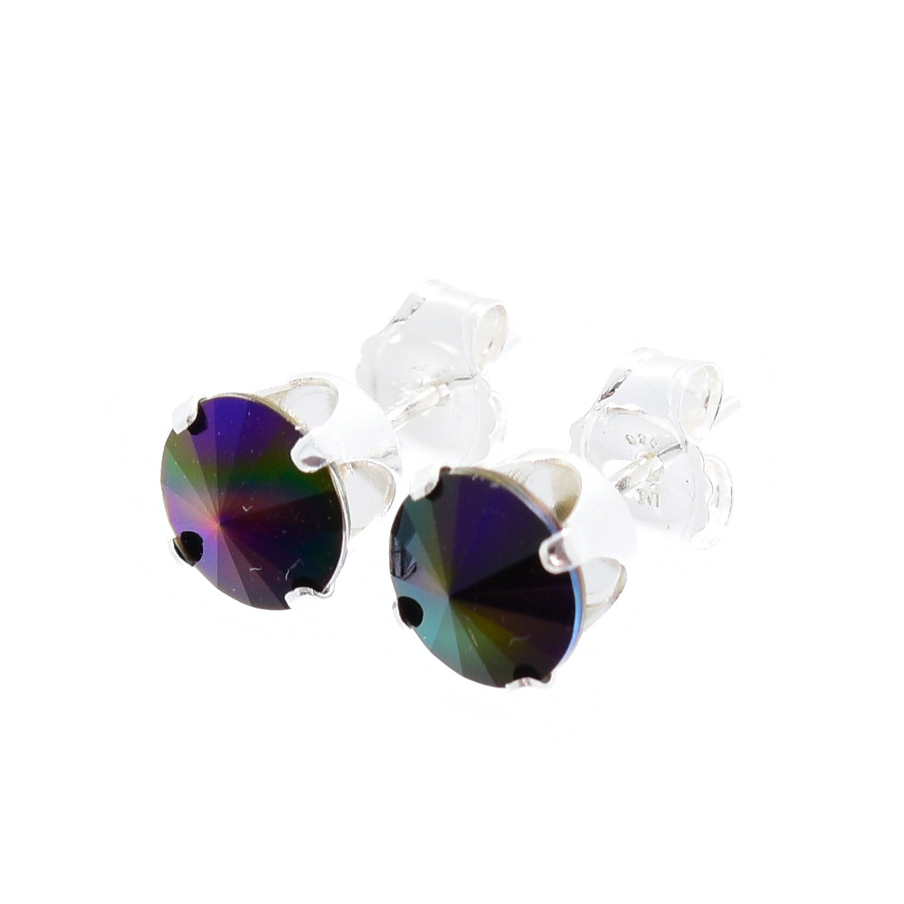 pewterhooter® Women's Classic Collection 925 Sterling silver earrings with brilliant Rainbow Dark crystals, packaged in a gift box for any occasion.