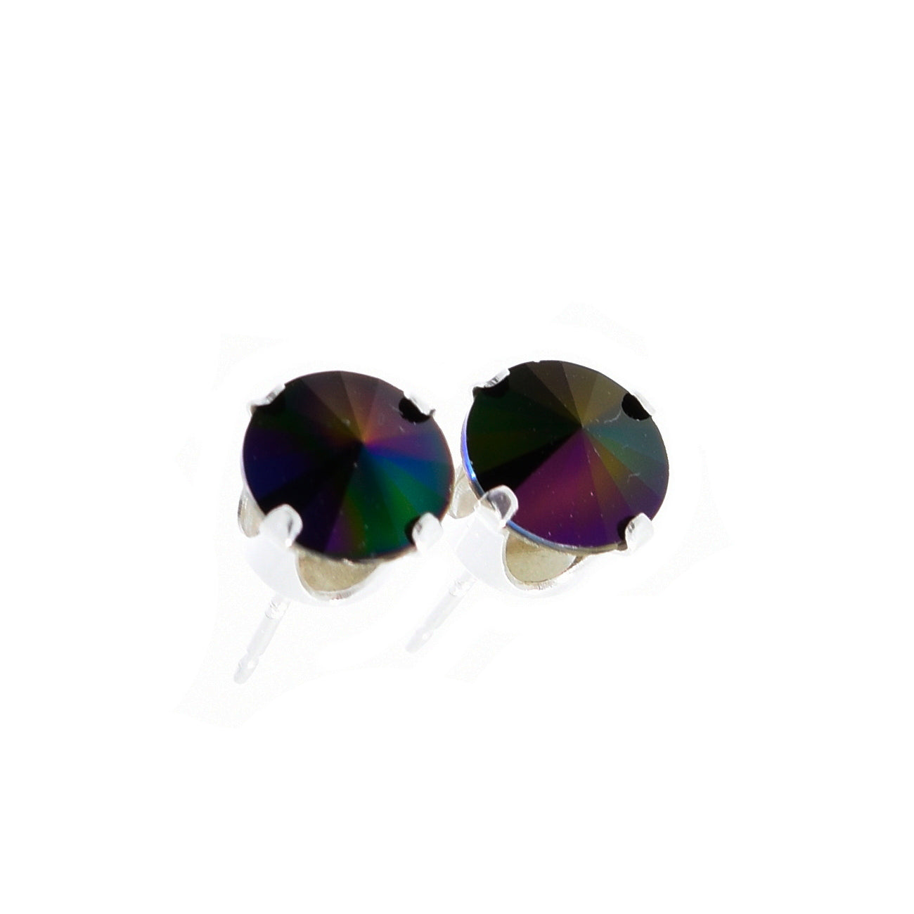 pewterhooter® Women's Classic Collection 925 Sterling silver earrings with brilliant Rainbow Dark crystals, packaged in a gift box for any occasion.