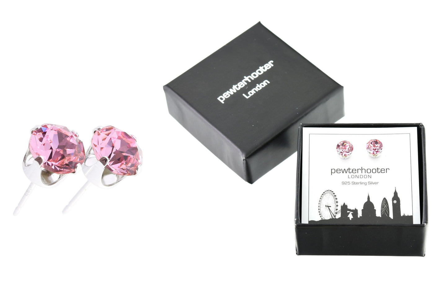 pewterhooter® Women's Classic Collection 925 Sterling silver earrings with sparkling Light Pink crystals, packaged in a gift box for any occasion.