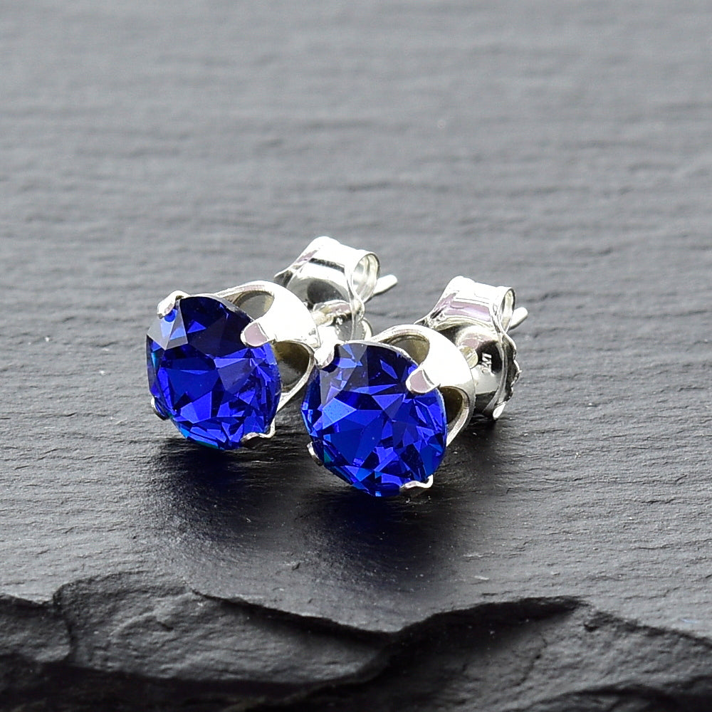 pewterhooter® Women's Classic Collection 925 Sterling silver earrings with sparkling Capri Blue crystals, packaged in a gift box for any occasion.