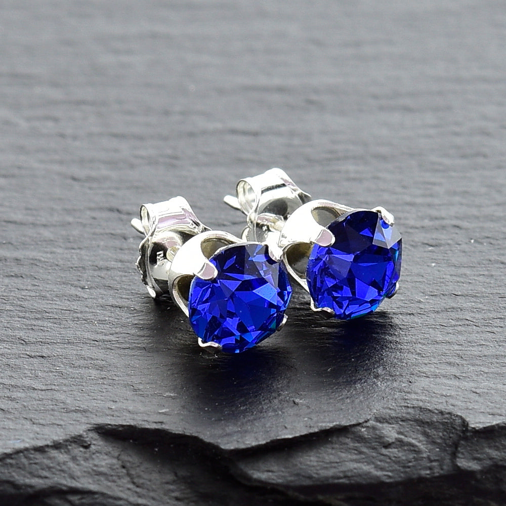 pewterhooter® Women's Classic Collection 925 Sterling silver earrings with sparkling Capri Blue crystals, packaged in a gift box for any occasion.