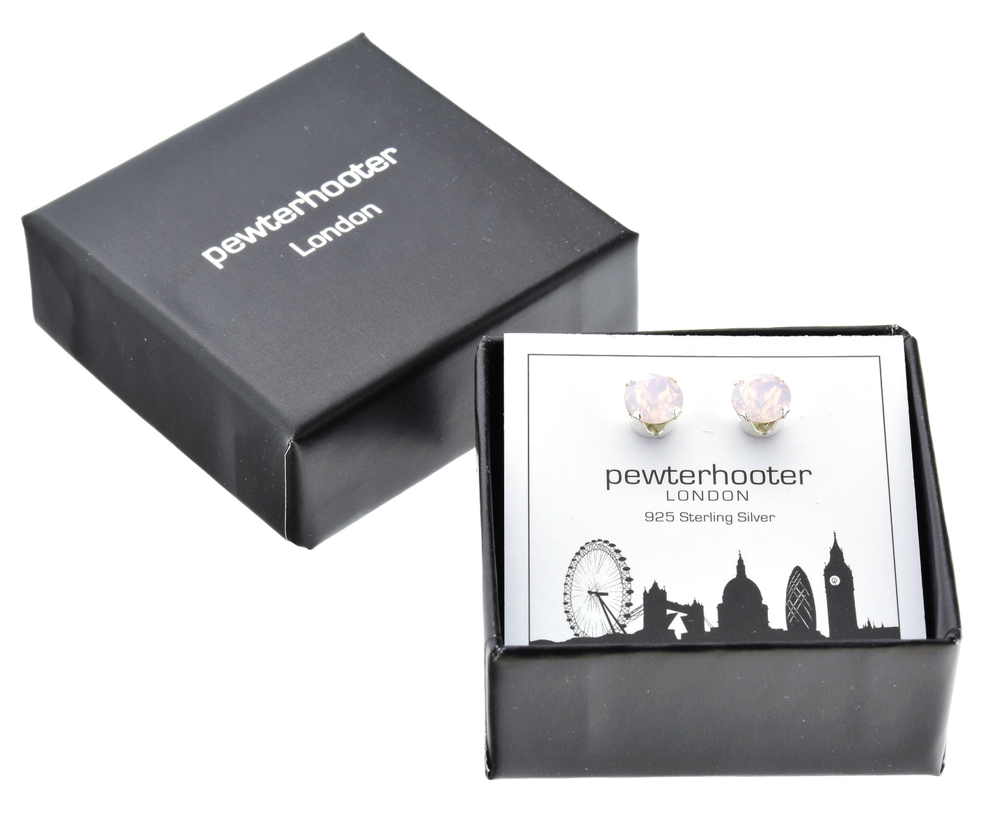 pewterhooter® Women's Classic Collection 925 Sterling silver earrings with sparkling Rose Water Opal crystals, packaged in a gift box for any occasion.