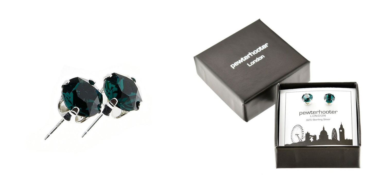 pewterhooter® Women's Classic Collection 925 Sterling silver earrings with sparkling Emerald Green crystals, packaged in a gift box for any occasion.