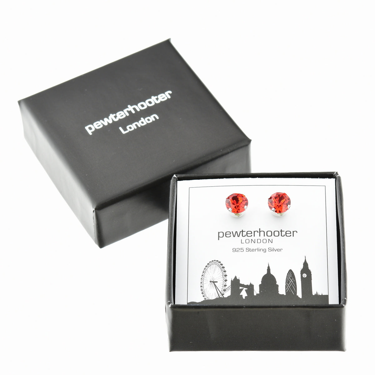 pewterhooter® Women's Classic Collection 925 Sterling silver earrings with sparkling Hyacinth Orange crystals, packaged in a gift box for any occasion.