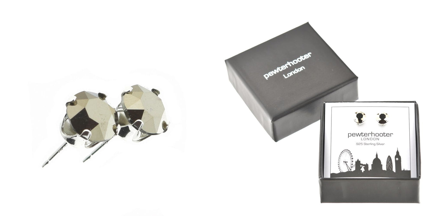 pewterhooter® Women's Classic Collection 925 Sterling silver earrings with sparkling Light Metallic Gold crystals, packaged in a gift box for any occasion.