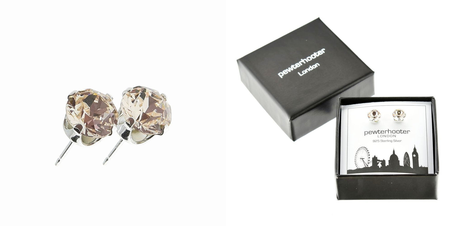 pewterhooter® Women's Classic Collection 925 Sterling silver earrings with sparkling Light Silk crystals, packaged in a gift box for any occasion.