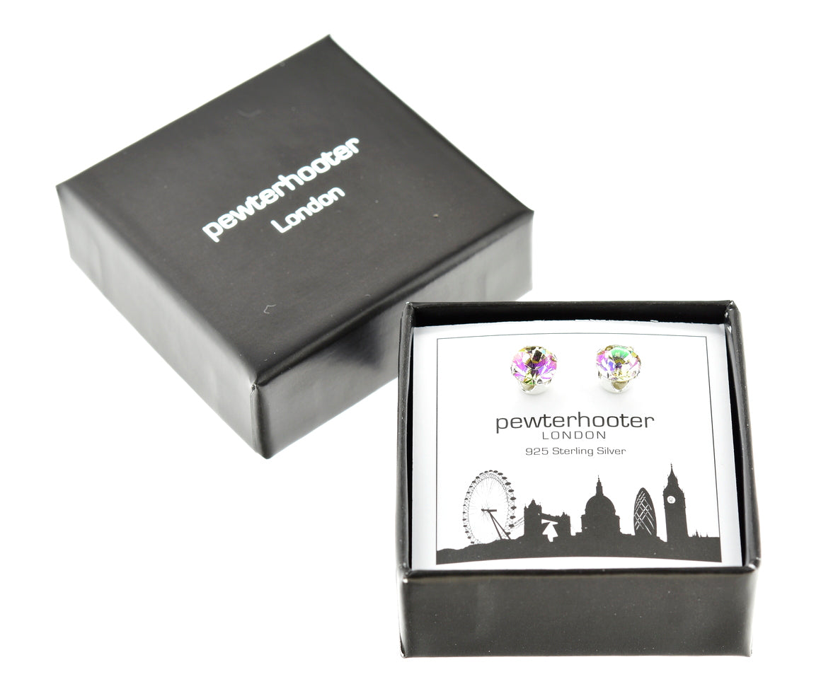 pewterhooter® Women's Classic Collection 925 Sterling silver earrings with sparkling Luminous Green crystals, packaged in a gift box for any occasion.