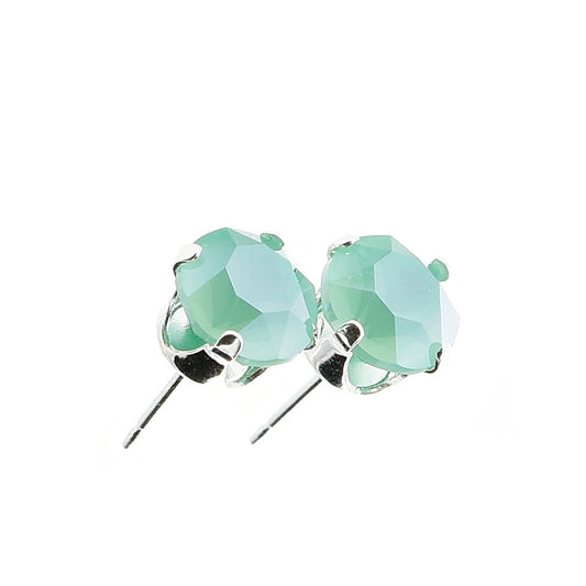 pewterhooter® Women's Classic Collection 925 Sterling silver earrings with sparkling Mint Green crystals, packaged in a gift box for any occasion.