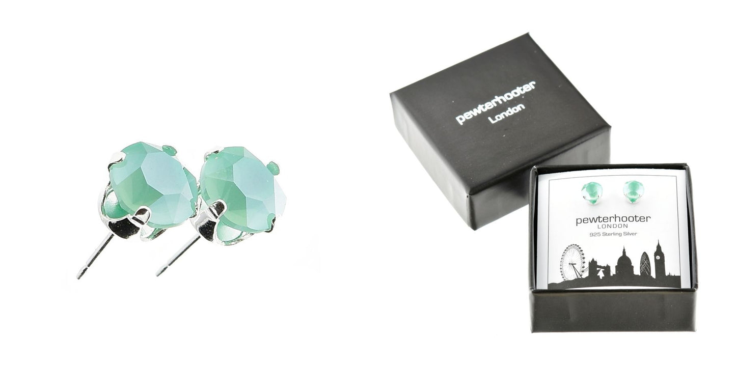 pewterhooter® Women's Classic Collection 925 Sterling silver earrings with sparkling Mint Green crystals, packaged in a gift box for any occasion.
