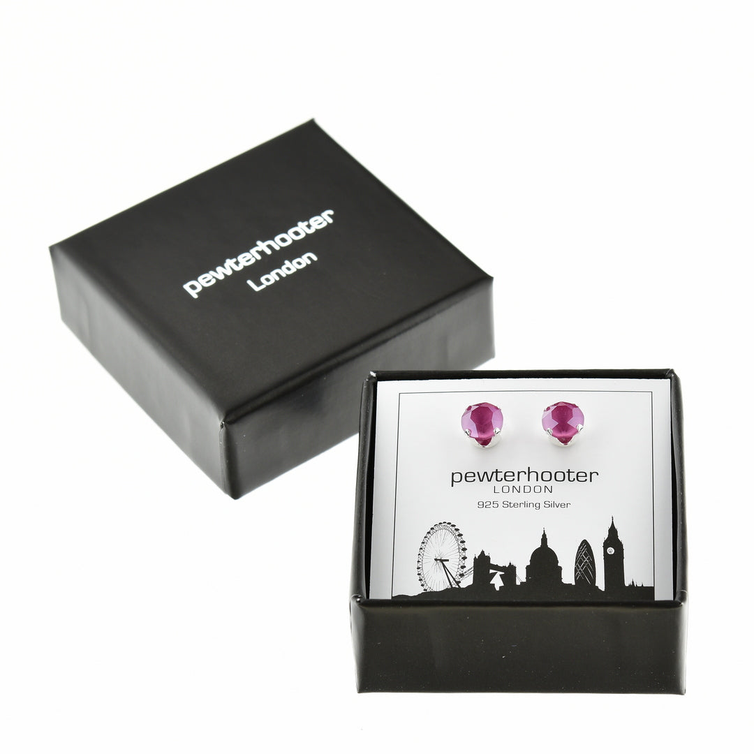 pewterhooter® Women's Classic Collection 925 Sterling silver earrings with sparkling Peony Pink crystals, packaged in a gift box for any occasion.