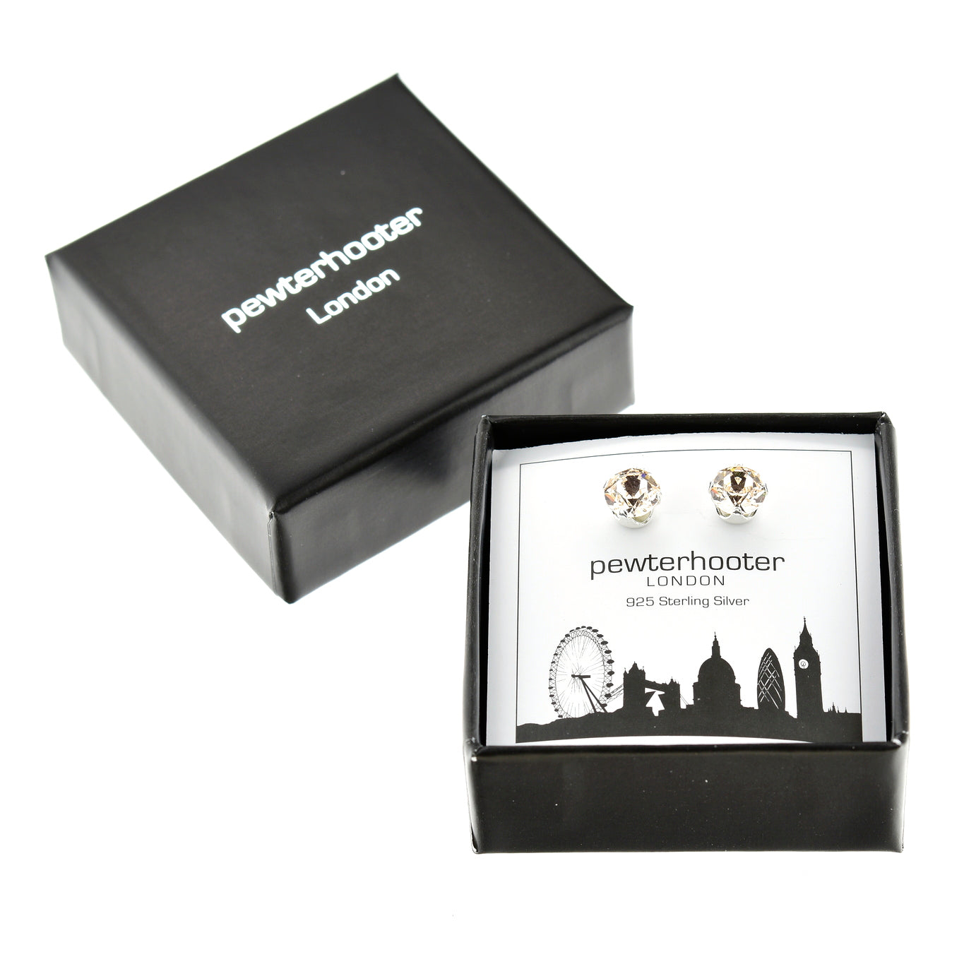 pewterhooter® Women's Classic Collection 925 Sterling silver earrings with sparkling Light Silk crystals, packaged in a gift box for any occasion.