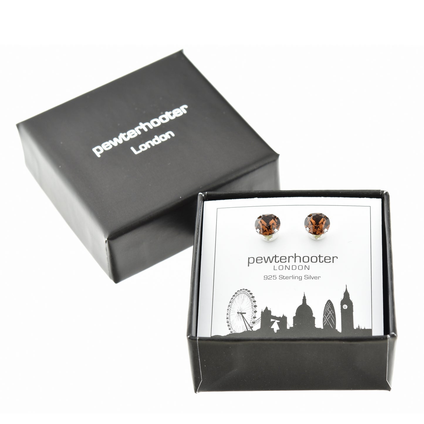 pewterhooter® Women's Classic Collection 925 Sterling silver earrings with sparkling Smoked Topaz crystals, packaged in a gift box for any occasion.