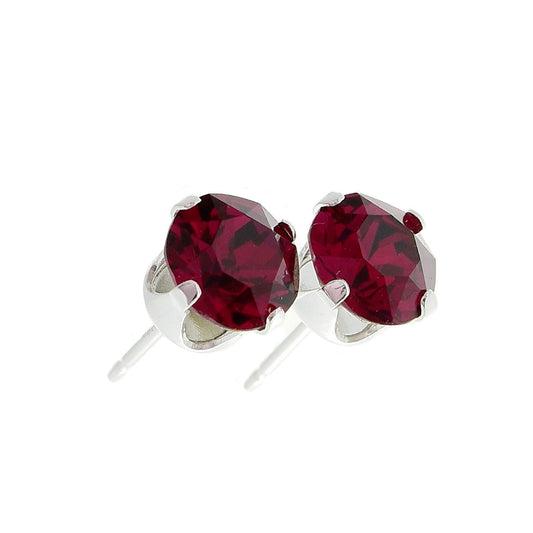 pewterhooter® Women's Classic Collection 925 Sterling silver earrings with sparkling Ruby Red crystals, packaged in a gift box for any occasion.
