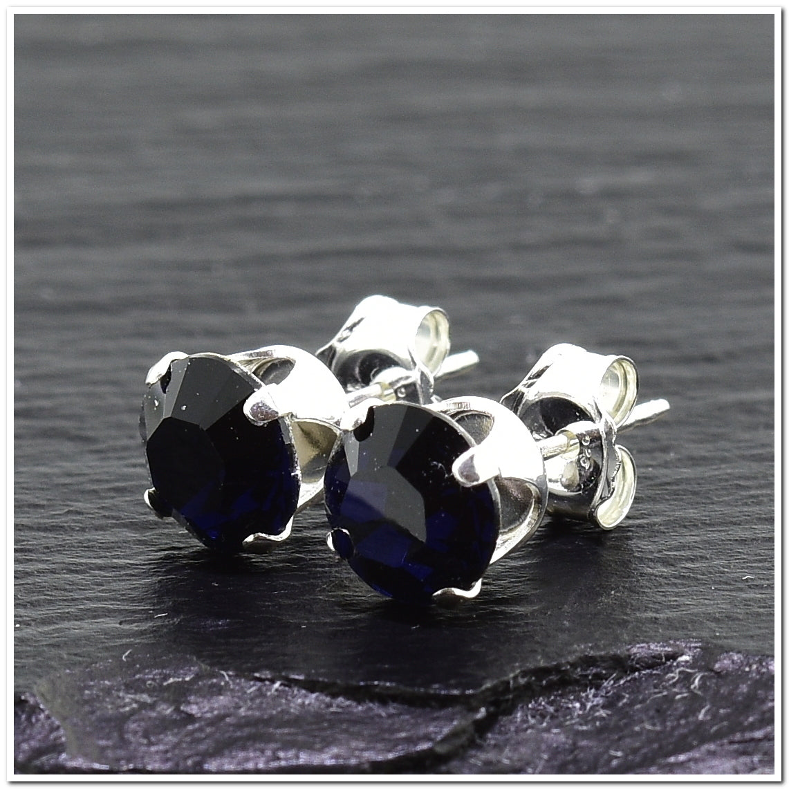 pewterhooter® Women's Classic Collection 925 Sterling silver earrings with sparkling Indigo Blue crystals, packaged in a gift box for any occasion.