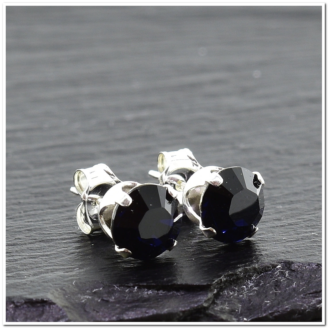 pewterhooter® Women's Classic Collection 925 Sterling silver earrings with sparkling Indigo Blue crystals, packaged in a gift box for any occasion.
