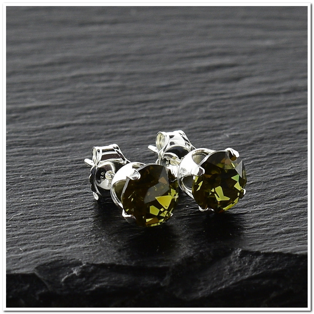 pewterhooter® Women's Classic Collection 925 Sterling silver earrings with sparkling Khaki Green crystals, packaged in a gift box for any occasion.