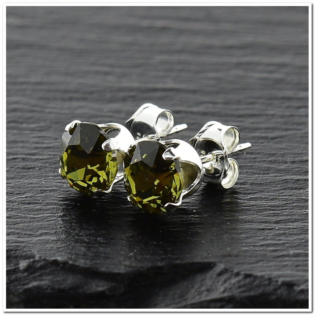 pewterhooter® Women's Classic Collection 925 Sterling silver earrings with sparkling Khaki Green crystals, packaged in a gift box for any occasion.