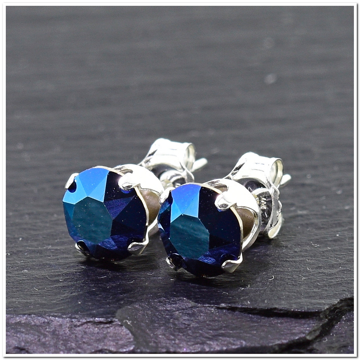 pewterhooter® Women's Classic Collection 925 Sterling silver earrings with sparkling Metallic Blue crystals, packaged in a gift box for any occasion.