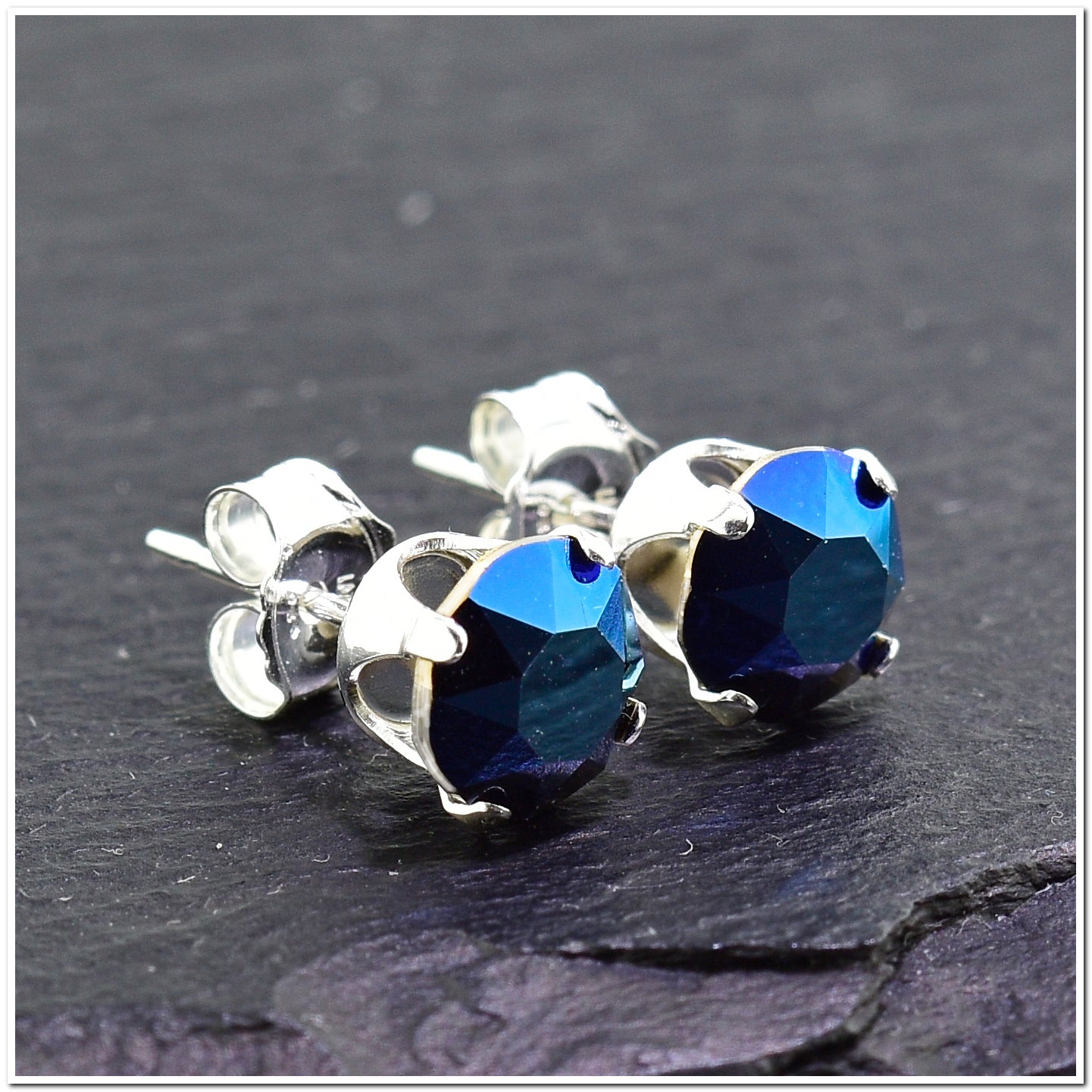 pewterhooter® Women's Classic Collection 925 Sterling silver earrings with sparkling Metallic Blue crystals, packaged in a gift box for any occasion.
