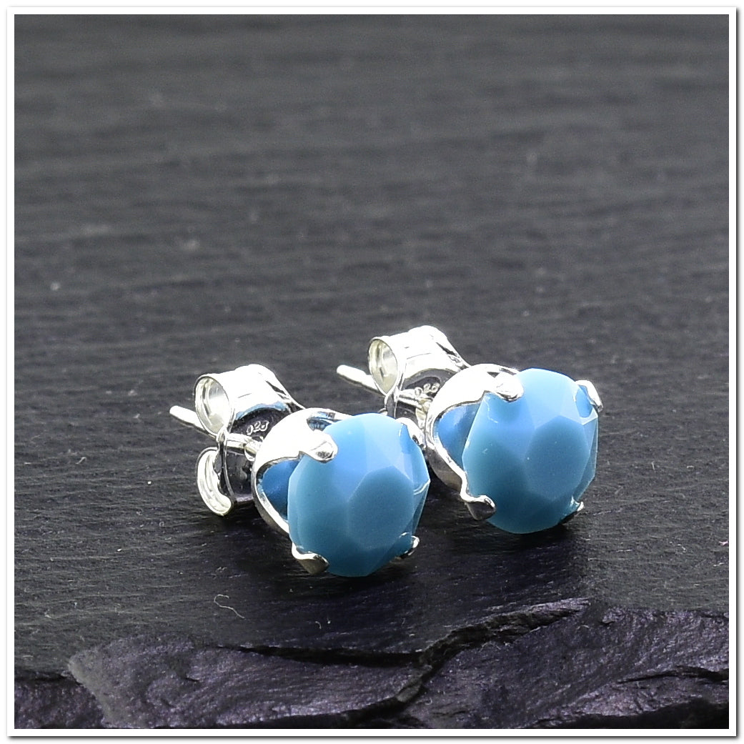 pewterhooter® Women's Classic Collection 925 Sterling silver earrings with sparkling Turquoise crystals, packaged in a gift box for any occasion.