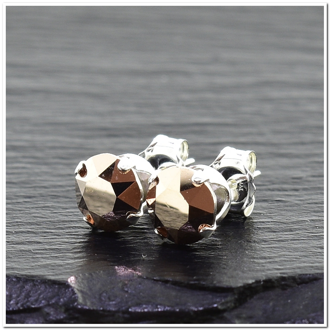 pewterhooter® Women's Classic Collection 925 Sterling silver earrings with sparkling Rose Gold crystals, packaged in a gift box for any occasion.