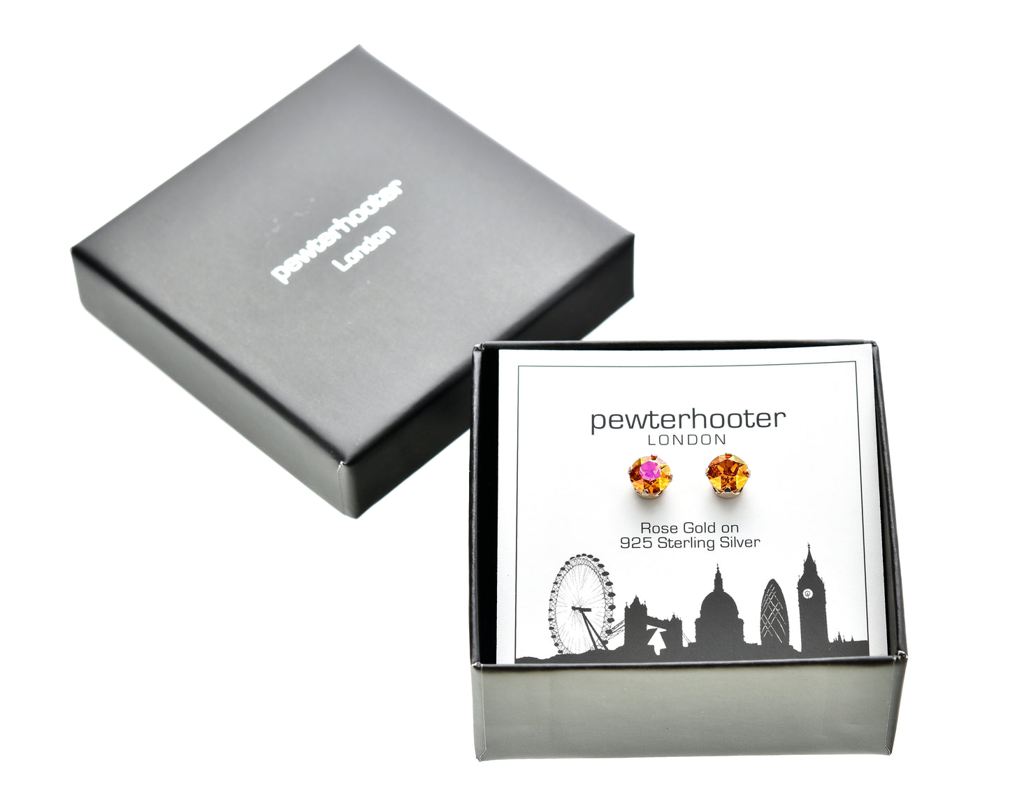 pewterhooter® Women's Classic Collection 925 Sterling silver earrings with sparkling Astral Orange crystals, packaged in a gift box for any occasion.