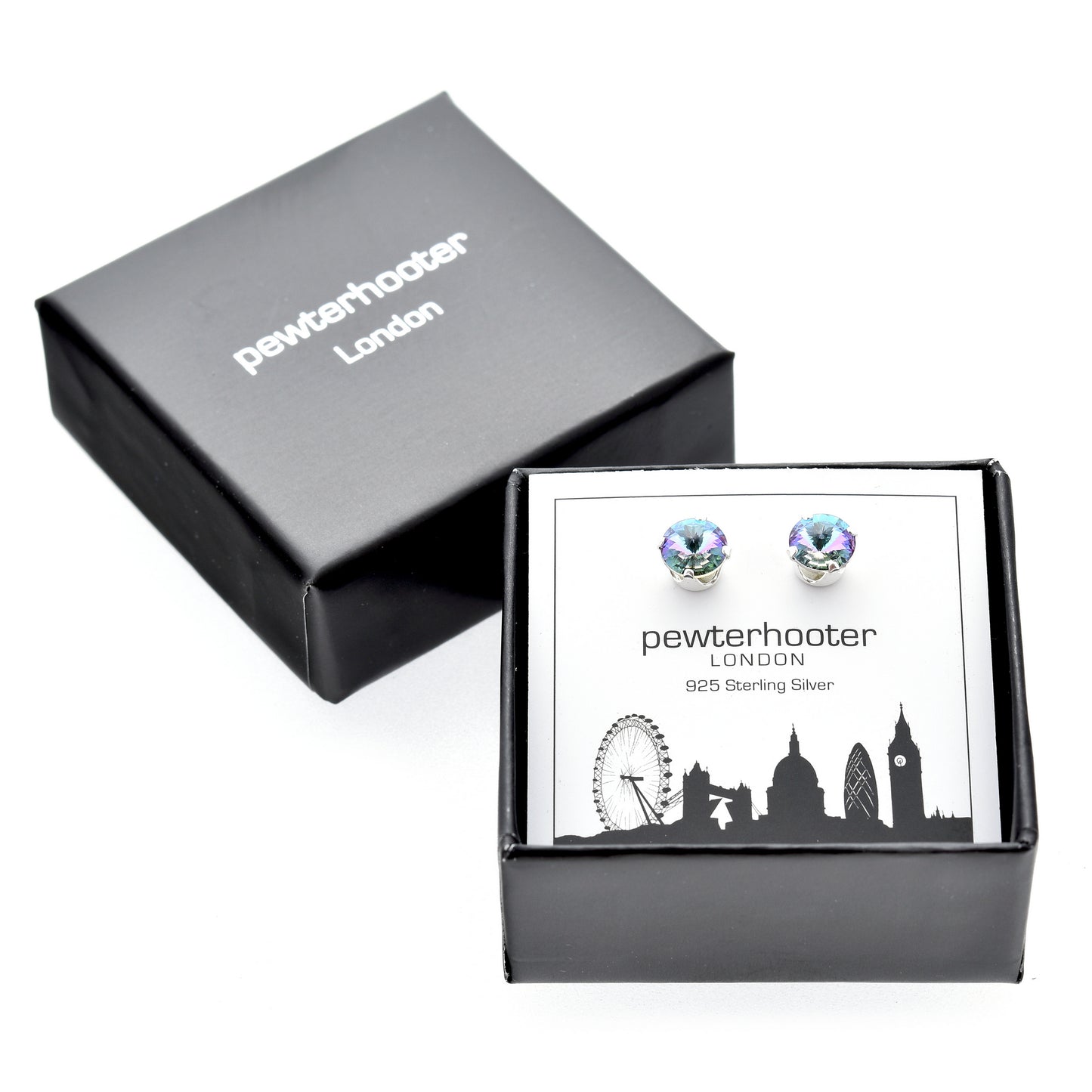 pewterhooter® Women's Classic Collection 925 Sterling silver earrings with brilliant Starlight crystals, packaged in a gift box for any occasion.