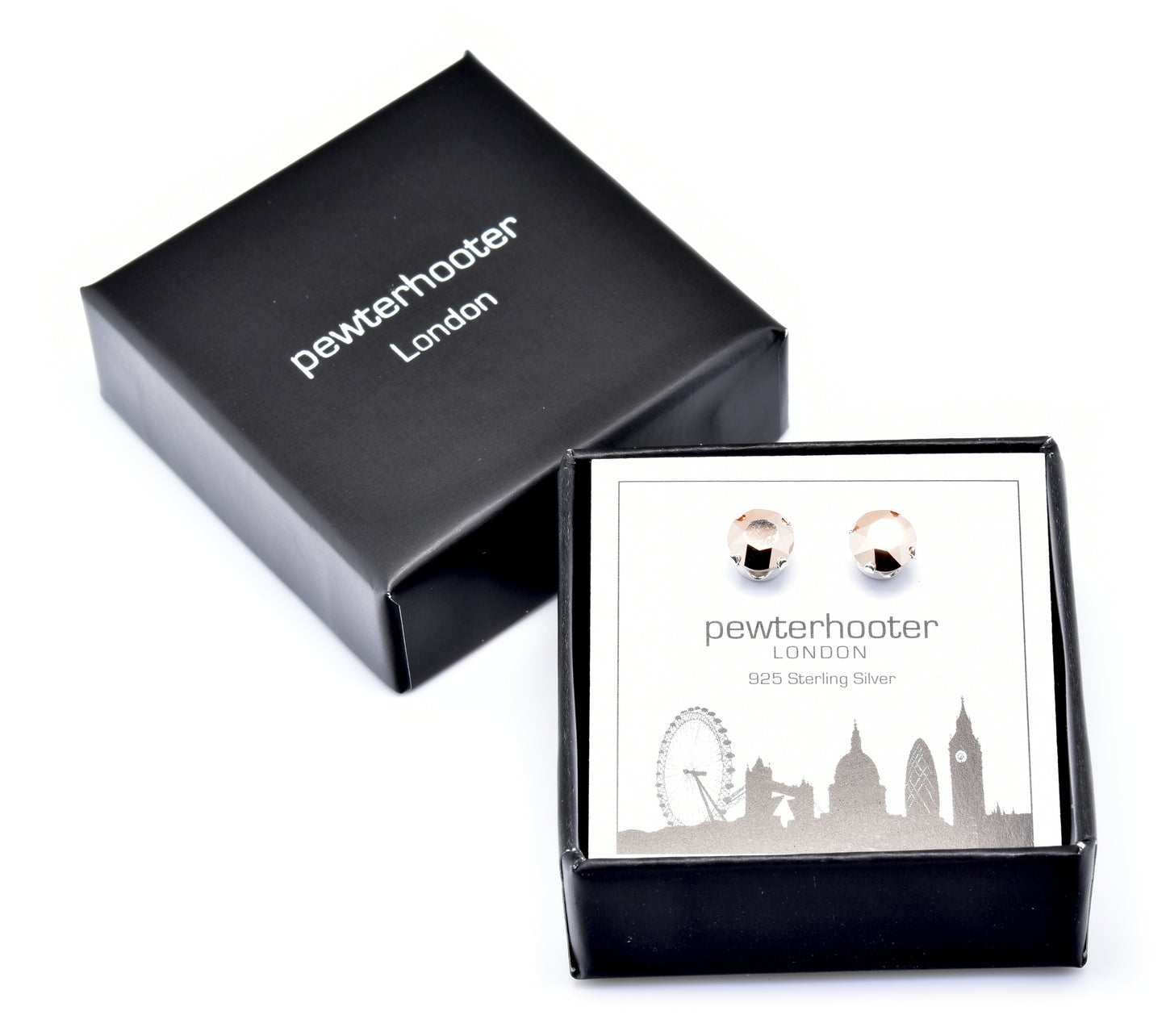 pewterhooter® Women's Classic Collection 925 Sterling silver earrings with sparkling Rose Gold crystals, packaged in a gift box for any occasion.