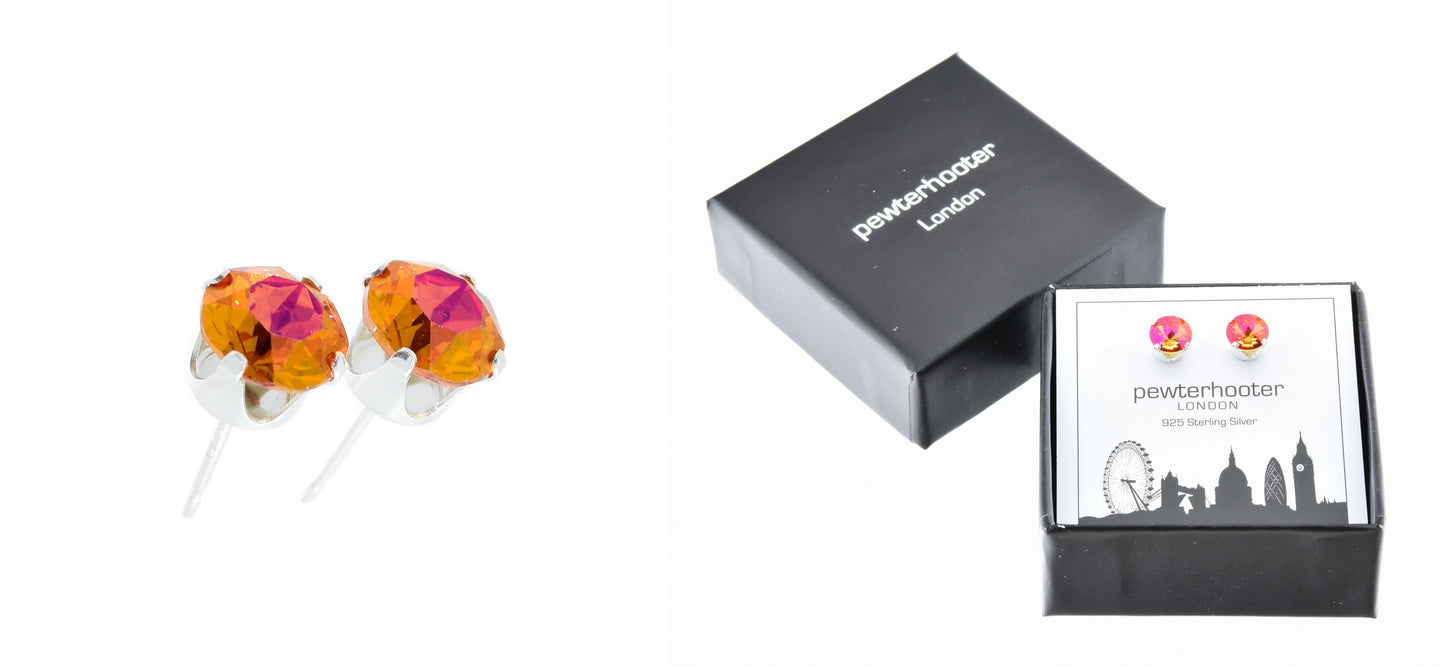 pewterhooter® Women's Classic Collection 925 Sterling silver earrings with sparkling Astral Orange crystals, packaged in a gift box for any occasion.